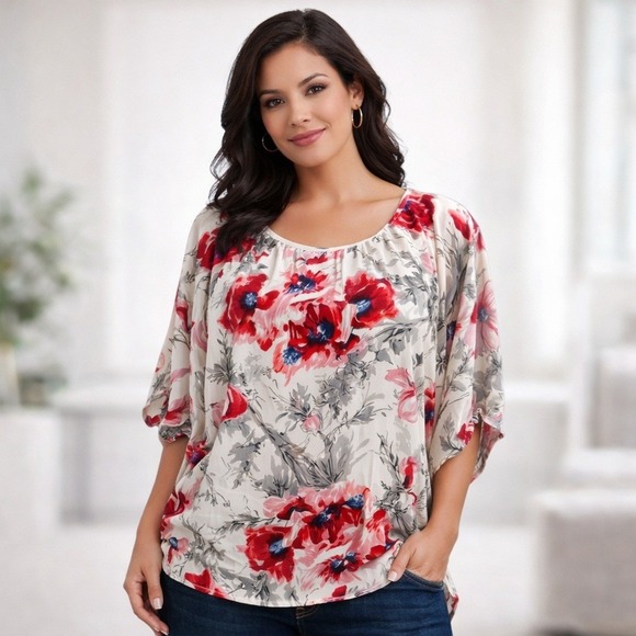 CAbi Tops - Cabi Womens Gypsy 100% Silk Pink Red Floral Dolman Sleeve Top Shirt Small
